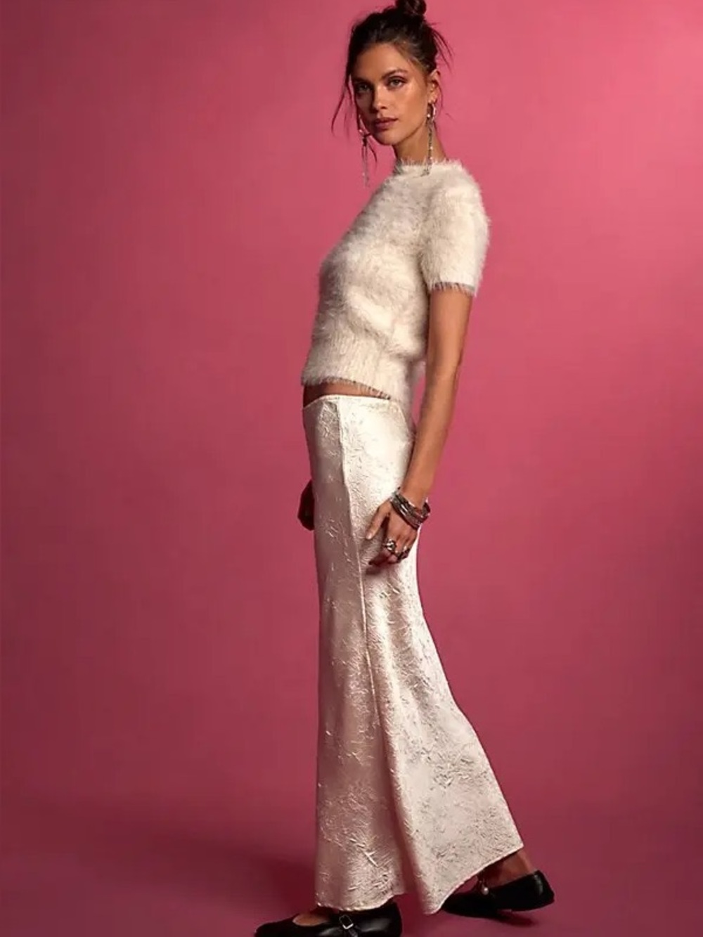 NWT FREE PEOPLE Alexandra Crushed Satin Maxi Skirt Set | Tofu MSRP $168
